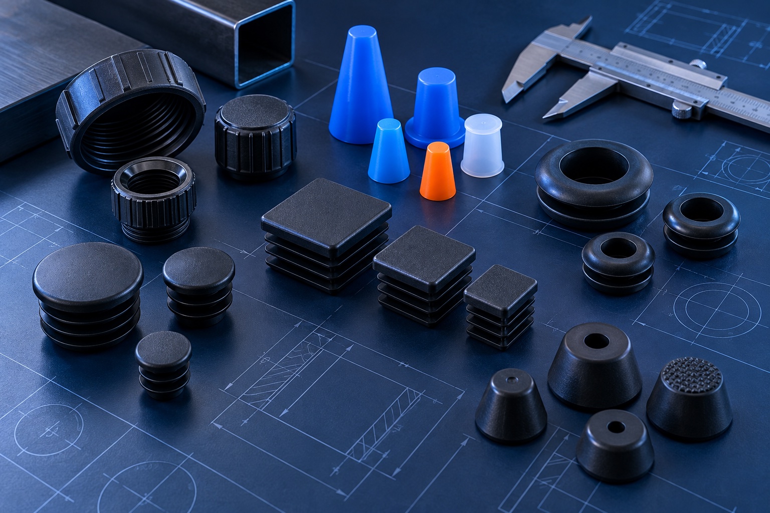 Plastic caps, tube inserts, cable grommets and rubber protection components on an engineering work surface