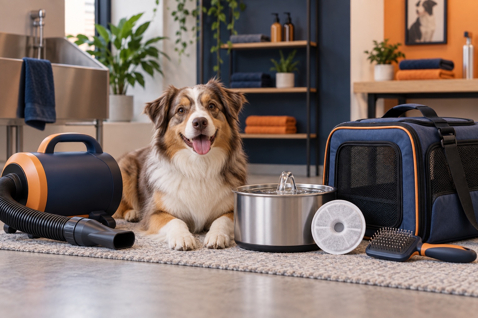Dog with pet dryer, water fountain, replacement filter, grooming brush and travel carrier