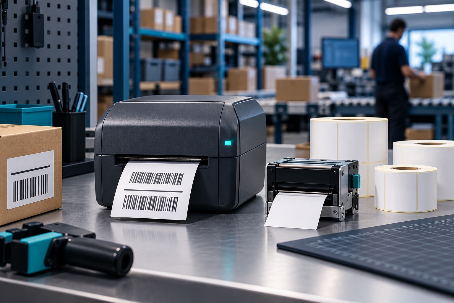 Shipping label printer, embedded thermal printer module and rolls of blank labels in a warehouse work area